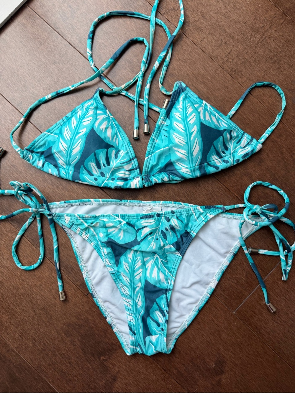 Kenny Flowers Teal Tropical Leaf String Bikini